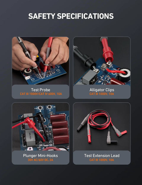 8-Piece Multimeter Test Leads Kit With Alligator Clips, Plunger Mini Hooks And Test Probes, safety specifications view