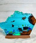 Multicolor Epoxy Resin Wood Lamp In Wave Shape, Handmade Ocean Themed LED Night Light with sea diver and marine life decor.