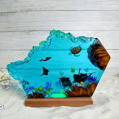 Multicolor Epoxy Resin Wood Lamp In Wave Shape, Handmade Ocean Themed LED Night Light with sea diver and marine life decor.