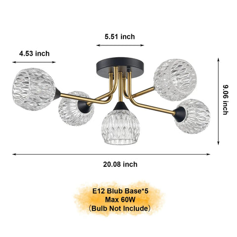 Dimensions of Crystal Sputnik Ceiling Light Fixture in Black and Gold, modern industrial semi flush mount with glass crystals.