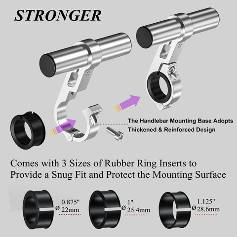 Aluminum Alloy Handlebar Extender For Bike And Motorcycle, 4 Inch Extension, CNC Machined 6061-T6, rubber inserts for 0.87-1.26 inch rails.