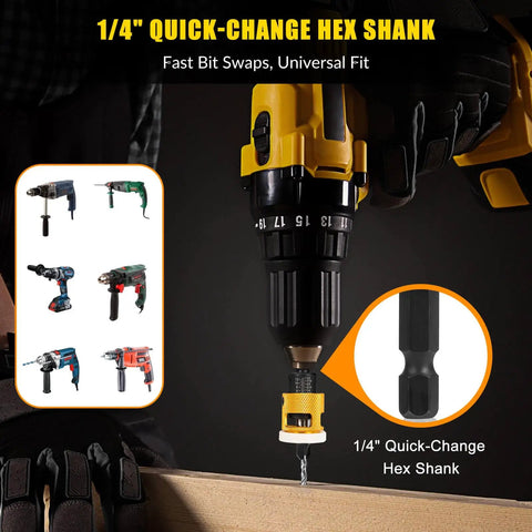 Go To Countersink Drill Bit Set With Low Friction Depth Stop And Replaceable HSS Pilot Bits, showing 1/4 inch hex shank in use