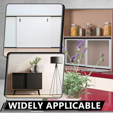 Various views of Two Sets Of Four Foot Plastic Sliding Door Track Hardware For One Half Inch Panel Doors Black Includes Upper And Lower Tracks Easy Quick Installation For Cabinet Closet And Glass Sliding Doors installed in different settings.