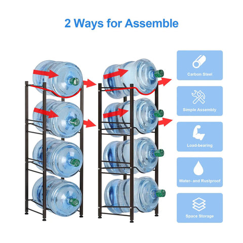 5 Tier Heavy Duty Water Gallon Jug Holder Display Rack Black For 3 And 5 Gallon Bottles Slim Corner Ready Water Bottle Stand Durable Steel Construction For Home Kitchen Office Garage showing two assembly options