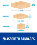 Waterproof Cushioned Foam Bandages, Assorted Sizes, 20 Count, showing dimensions and counts for various adhesive breathable wound dressings.