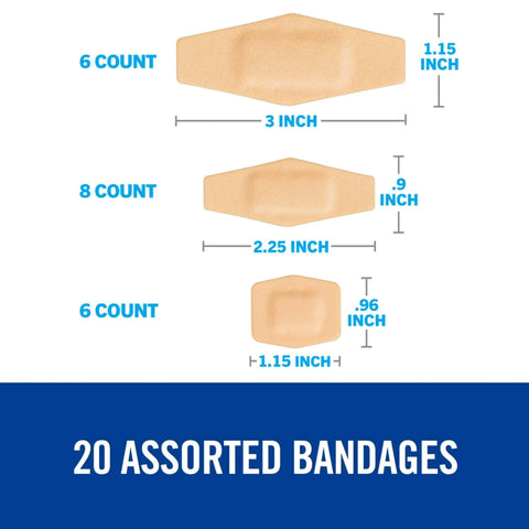 Waterproof Cushioned Foam Bandages, Assorted Sizes, 20 Count, showing dimensions and counts for various adhesive breathable wound dressings.