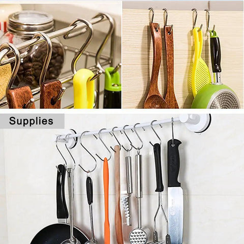 Heavy Duty S Hooks Black Small Size 10 Pack for Kitchen Bathroom Bedroom and Office Hanging Hangers for Pans Pots Coats Bags Plants and More Space Saving Organization used for kitchen tools display.