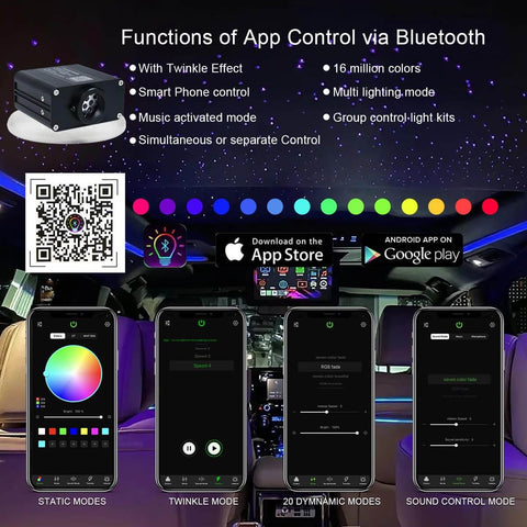 Lit Twinkle Fiber Optic Star Ceiling Kit With 16W RGBW Lights functions and app controls displayed on phones