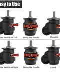 Built Tough Adjustable Leveling Casters Set Of Four With Two Inch Retractable Swivel Wheels For Rock Solid Stability And Easy Glide On Workbenches Or Heavy Machinery Handles 2200 Lbs, showing usage instructions.