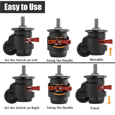 Built Tough Adjustable Leveling Casters Set Of Four With Two Inch Retractable Swivel Wheels For Rock Solid Stability And Easy Glide On Workbenches Or Heavy Machinery Handles 2200 Lbs, showing usage instructions.
