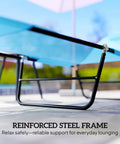 Close-up of reinforced steel frame of Folding Chaise Lounge Chair For Poolside Sunbathing And Outdoor Relaxation.