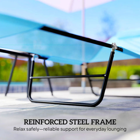 Close-up of reinforced steel frame of Folding Chaise Lounge Chair For Poolside Sunbathing And Outdoor Relaxation.