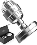Boss Level Filtration Shower Head Set With High Pressure Rainfall Head Removes Chlorine Heavy Metals Impurities And Softens Water Through 15 Stage Filtration With Vitamin C And Vitamin E Cartridges, shown with packaging.