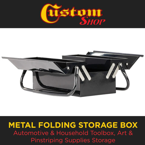 Metal Folding Storage Box Two Level Portable Toolbox with open drawers, ideal for auto body gear and home tool organization.