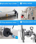 Components of Top Tier Automatic Bottle Filler With Fully Pneumatic Piston Drive, includes cylinder, safety switch, check valve.