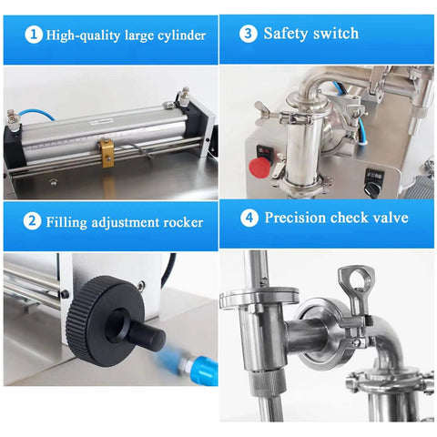 Components of Top Tier Automatic Bottle Filler With Fully Pneumatic Piston Drive, includes cylinder, safety switch, check valve.