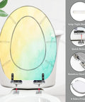 Elongated Toilet Seat Quiet Close Bathroom featuring colorful design, grip-tight bumpers, and stainless steel hinges.