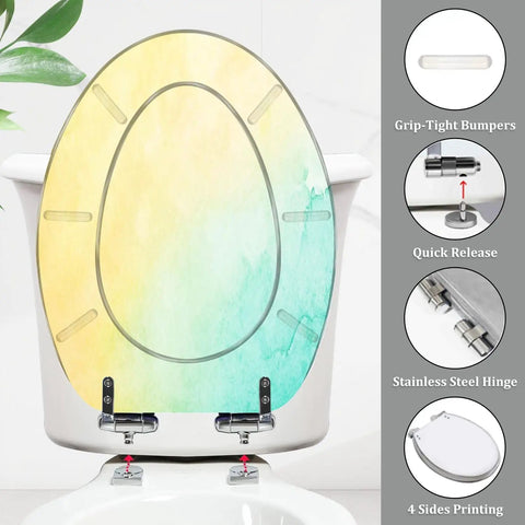 Elongated Toilet Seat Quiet Close Bathroom featuring colorful design, grip-tight bumpers, and stainless steel hinges.