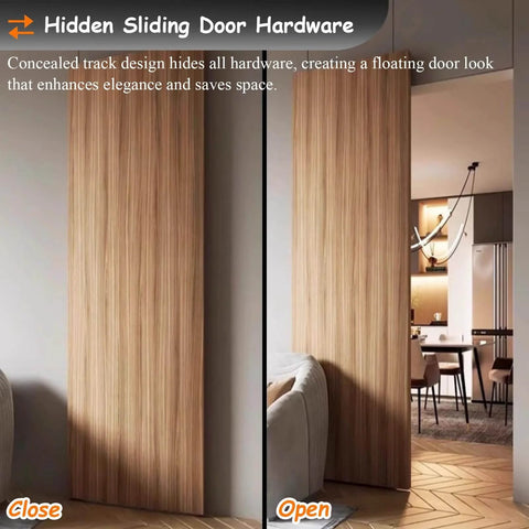 Hidden Sliding Door Hardware Kit With Soft Close, Slick Modern Bypass Pocket Door System, Invisible Hanger, installed view