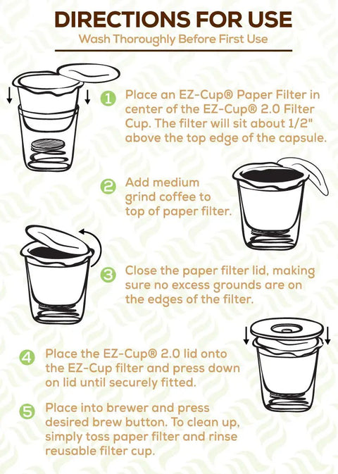 Instructions for using EZ Cup Disposable Paper Filters With Patented Lid For Reusable Coffee Pods, 4 Pack, 200 Filters