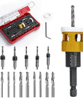 15 Piece Countersink Drill Bit Set Featuring Adjustable Depth Stop Collar And Rock Solid Hex Shafts Built Tough For Dead Nuts Precision In Eighty Two Degree Tapered Boring And Diy Wood Projects with assorted bits in red case.