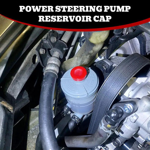 Heavy Duty Red Hydraulic Power Steering Reservoir Cap Slick Aftermarket Fluid Lid Cover Dead Nuts Reliable Screw Top Plug For Cars And Trucks Smooth Ride Replacement 53697SB3952 installed on a vehicle.