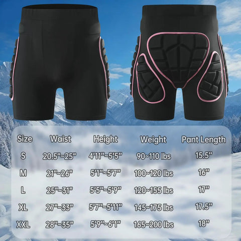 3D Padded Protective Shorts With Hip, Thigh And Tailbone EVA Pads For Skiing Snowboarding Skating And Cycling Women Pink Small Size Durable Drop Proof Gear You Can Trust, size chart visible