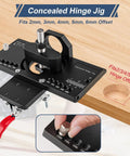 Concealed Cabinet Hinge Jig With Quick Clamp And Dust Vacuum Adapter, 35mm Door Hinge Locator with measurements on wood surface.