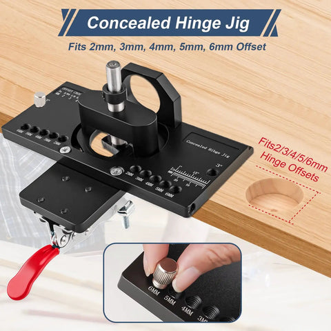 Concealed Cabinet Hinge Jig With Quick Clamp And Dust Vacuum Adapter, 35mm Door Hinge Locator with measurements on wood surface.