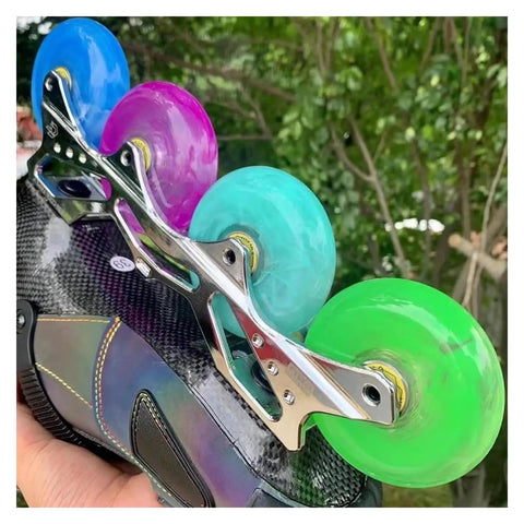Close-up of colorful inline skate wheels on a skate, showcasing Pink Inline Skate Wheels Replacement Set 72Mm 76Mm 80Mm 83A Hardness.