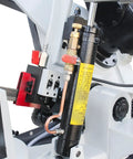 Close-up of Beefy Heavy Duty Metal Band Saw With 10 Inch By 7.9 Inch Cutting Capacity, 1.5 HP Motor, showing detailed components.