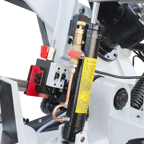 Close-up of Beefy Heavy Duty Metal Band Saw With 10 Inch By 7.9 Inch Cutting Capacity, 1.5 HP Motor, showing detailed components.