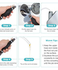 Yetofro gas siphon hose pump, manual fuel transfer device with 2 PVC hoses; step-by-step instruction diagram