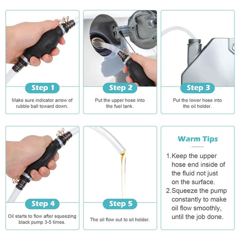Yetofro gas siphon hose pump, manual fuel transfer device with 2 PVC hoses; step-by-step instruction diagram