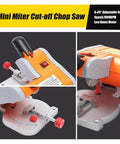 Compact Mini Table Saw And Miter Chop Cutter With 7800Rpm High Speed Steel Blades For Smooth Wood Metal Aluminum Plastic Cutting And Quick 45 Degree Bevel Adjustments No Sweat Badass Workhorse showing adjustable scale and control details.