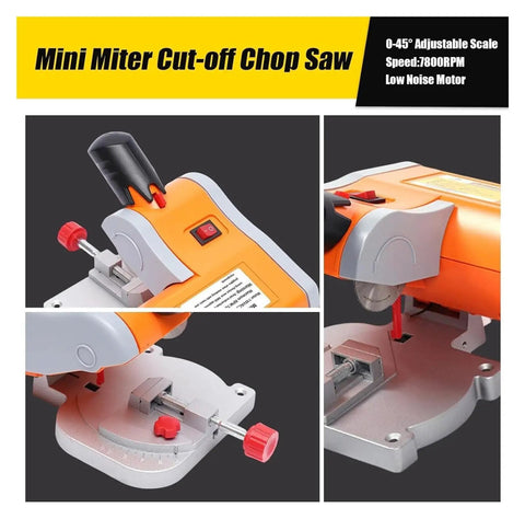 Compact Mini Table Saw And Miter Chop Cutter With 7800Rpm High Speed Steel Blades For Smooth Wood Metal Aluminum Plastic Cutting And Quick 45 Degree Bevel Adjustments No Sweat Badass Workhorse showing adjustable scale and control details.