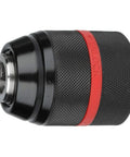 Close-up of Keyless Drill Chuck 1/2-20UNF Mount, Self Tightening Hand Drill Chuck with red unlock ring, for 1-13 mm bits.