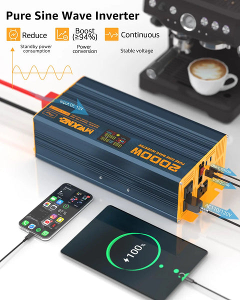 Super Heavy Duty 2000 Watt Pure Sine Wave Power Inverter Dc 12 To 120 Volt Ac with USB C ports and phone charging setup.