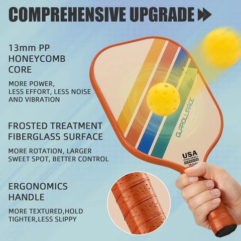 Set Of 2 Pickleball Paddles With USAPA Approval, Fiberglass Surface And PP Honeycomb Core shown with yellow ball and handle detail