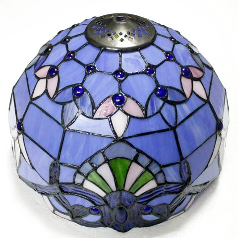 Top view of Tiffany Style Baroque Stained Glass Ceiling Light Fixture In Blue And Purple Semi Flush Mount 12 Inch Shade