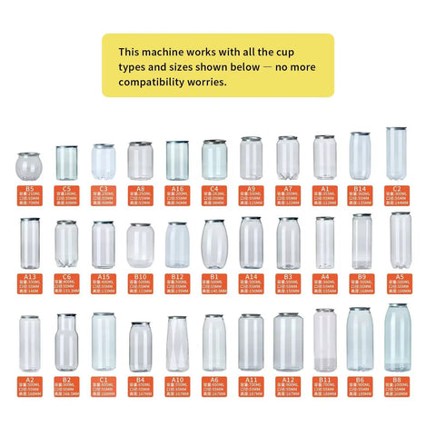 Collection of different can shapes and sizes for Pro Grade Automatic Soda Can Sealer For Aluminum And Plastic Cans With Touch Screen