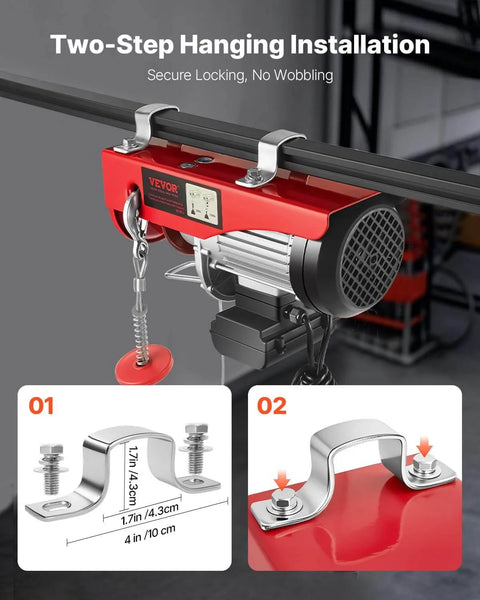 Electric Hoist With 14 Ft Wired Remote, 1320 Lb Capacity, 110V Winch shown with secure installation brackets