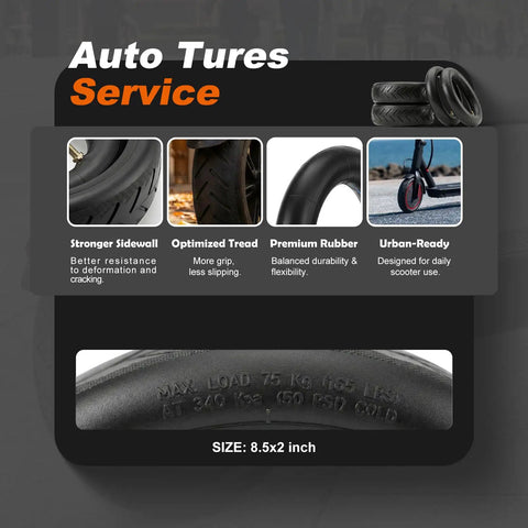 Infographic of 8.5 By 2 Electric Scooter Tire And Inner Tube Set Replacement highlighting features and specs for scooter wheels