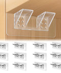 Twelve Piece Heavy Duty Self Adhesive Shelf Brackets Built Tough To Hold A Ton Of Weight With Zero Drilling Required And Easy Install For Kitchen Cabinets And Closets, clear ABS material.
