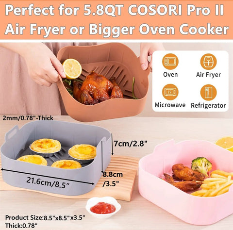 Square 8.5 Inch Silicone Air Fryer Liners Inserts 3 Pack Reusable Pot Baskets For Easy Air Frying BPA Free And Dishwasher Safe XL Fit For 5.8 Qt To 8 Qt Air Fryers No Mess Cleanup visible with different colors holding food items.