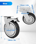 Heavy Duty 6 Inch Rubber Caster Wheels Set Of 4 With Anti Skid Swivel Casters And 360 Degree Rotation 1653 Lbs Capacity Two With Brake And Two Without Brake Quiet Silent Universal Caster Wheels For Furniture Equipment shown in detailed size dimensions