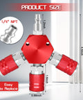 Three Way Air Hose Splitter With Red Manifold And Quarter Inch NPT Connections Pro Grade Industrial Swivel Plugs Nickel Plated Steel Couplers And Quick Connects For Heavy Duty Use shown with size dimensions.