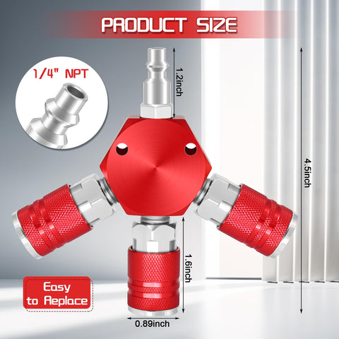 Three Way Air Hose Splitter With Red Manifold And Quarter Inch NPT Connections Pro Grade Industrial Swivel Plugs Nickel Plated Steel Couplers And Quick Connects For Heavy Duty Use shown with size dimensions.