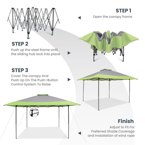Pop-Up Canopy Tent 13x13 Instant Shelter With Wheeled Carry Bag 150D Oxford Fabric Green Adjustable Height 3 Positions 169 Sq Ft Shade setup steps