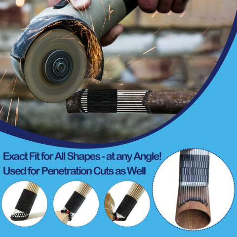 Multi Surface Pipe Profiling Tool And Cutting Template Duplicator for precise cuts on metal pipe with grinder sparks visible.